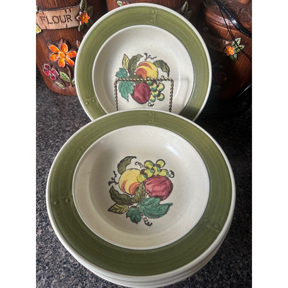Vintage Metlox Poppytrail Orchard Fruit Soup Pasta Bowls Green Rim Set of 6